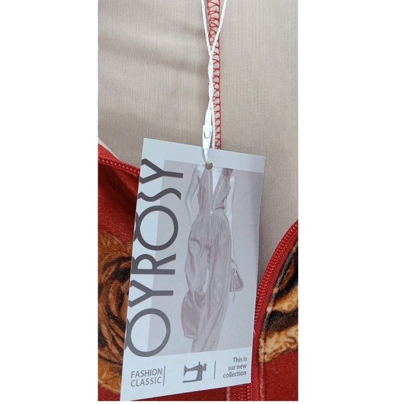 Oyrosy Elegant Red Floral Rose Velvet Zip up  Long Sleeve  Retro Jumpsuit M - Picture 13 of 15